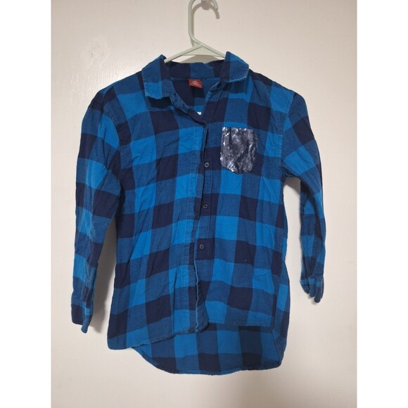 Arizona Jean Company Other - Arizona Jean Co Girls Size L 14 Blue Plaid Flannel Button Down Sequin Pocket Top